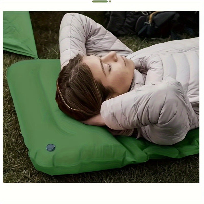 Portable inflatable camping air mattress with foot pump, durable TPU material; includes repair kit and carrying bag. Ideal for outdoor travel and picnics.