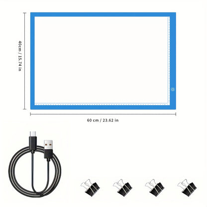 LED light pad for diamond painting with 3 brightness levels, USB cable, and 4 fasten clips. Great for sketching, animation, drawing, and diamond painting supplies.