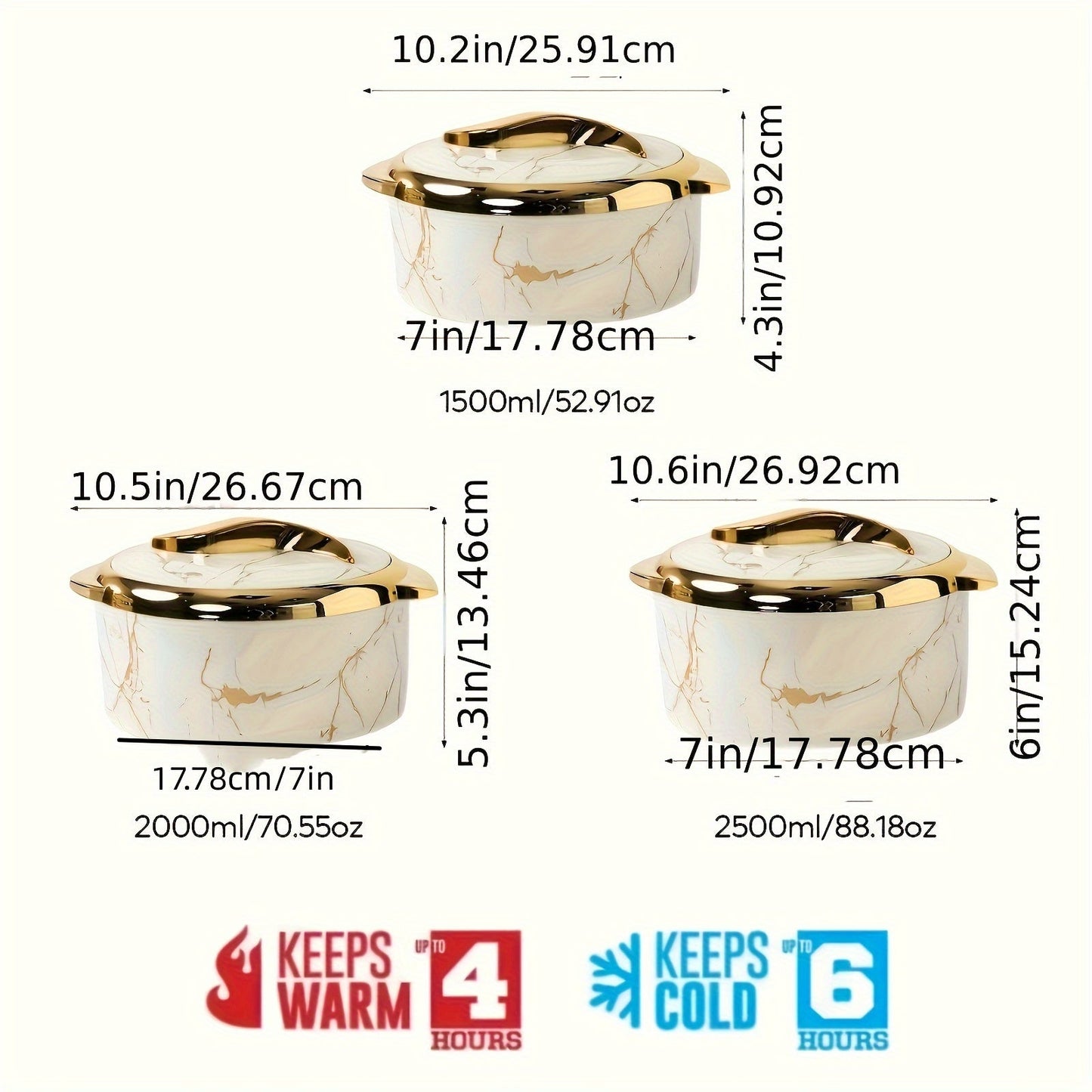 Set of 3 thermal casserole dishes with stainless steel construction and lids - Keeps food insulated for hot and cold meals, perfect for serving on buffets or office tables. Ideal for keeping dishes warm and fresh.