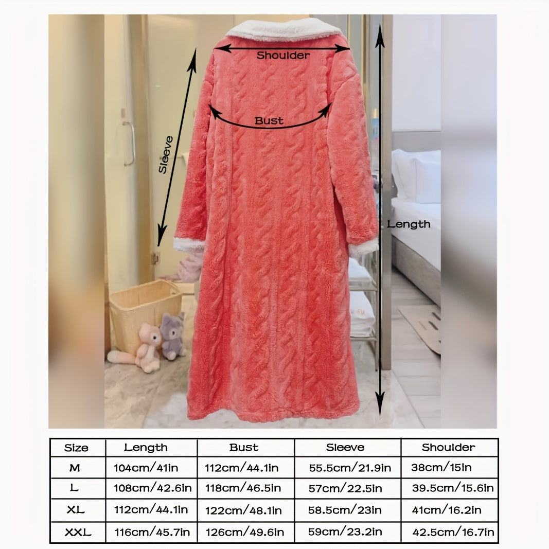 Soft and plush pink coral velvet women's bathrobe with contrast trim. Machine washable for cozy Autumn and Winter lounging.