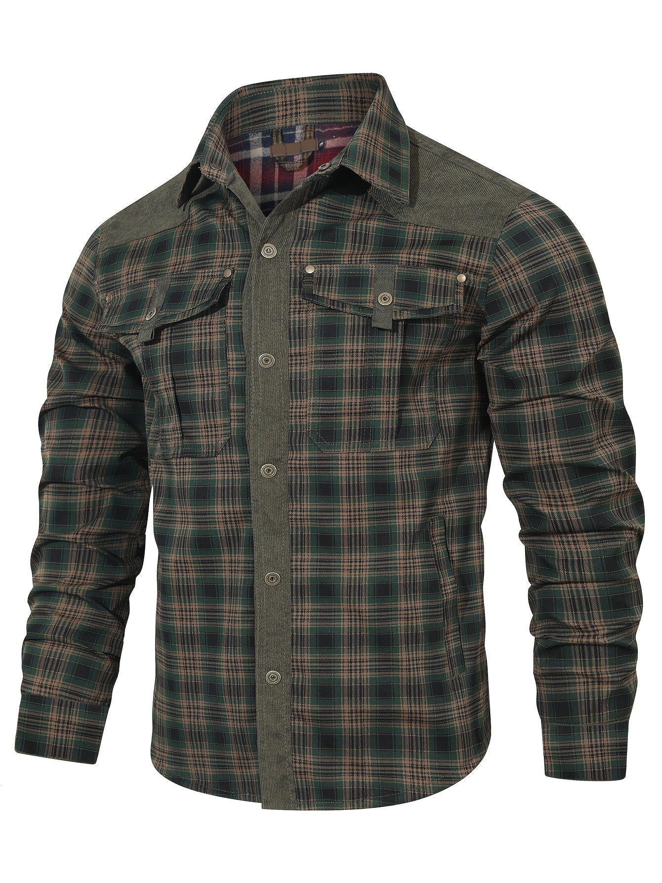 Premium plaid jacket for men - casual polyester, button-up with collar for spring/fall.