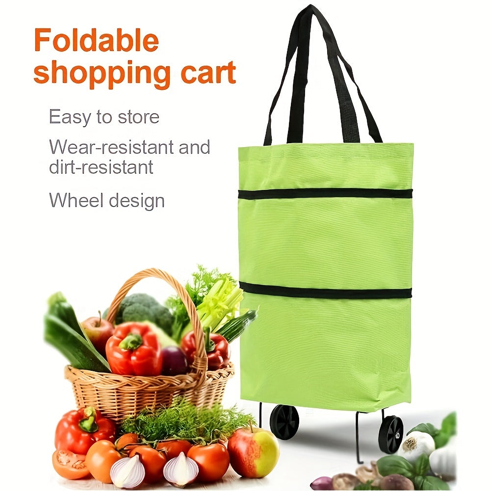 Reusable shopping bag with wheels, large capacity, foldable, multifunctional for storage and shopping.