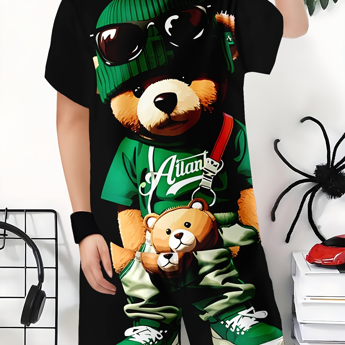 Boys' 3D printed casual outfit set with comfy polyester T-shirt and shorts featuring cool bear design, ideal for spring/summer and outdoor wear.