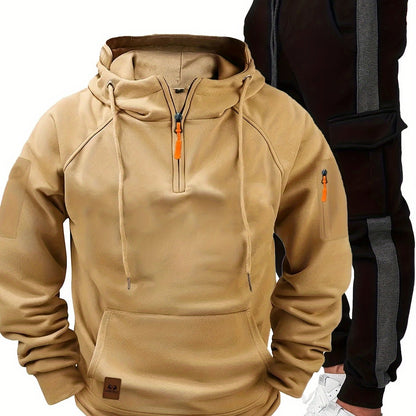 Men's Fall/Winter Casual Sportswear Set: Hooded Zip-Up Jacket & Drawstring Joggers, Polyester, Regular Fit for Outdoor Activities.