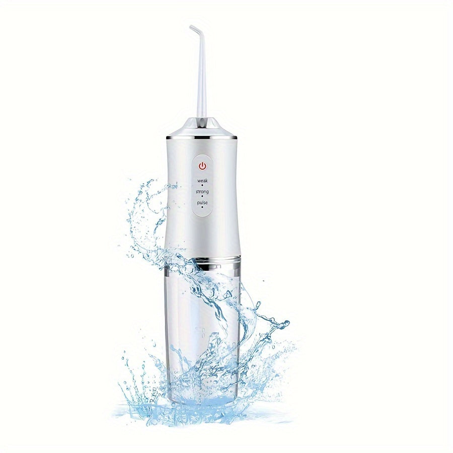 Portable rechargeable water flosser with 3 modes and 4 nozzle functions for dental hygiene on-the-go.