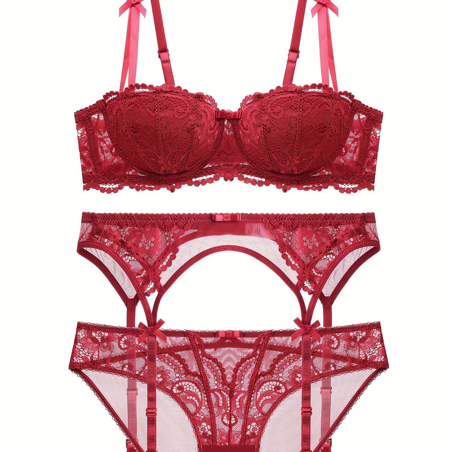 Floral lace lingerie set includes push up balconette bra with bow tie and matching bikini panties for women.