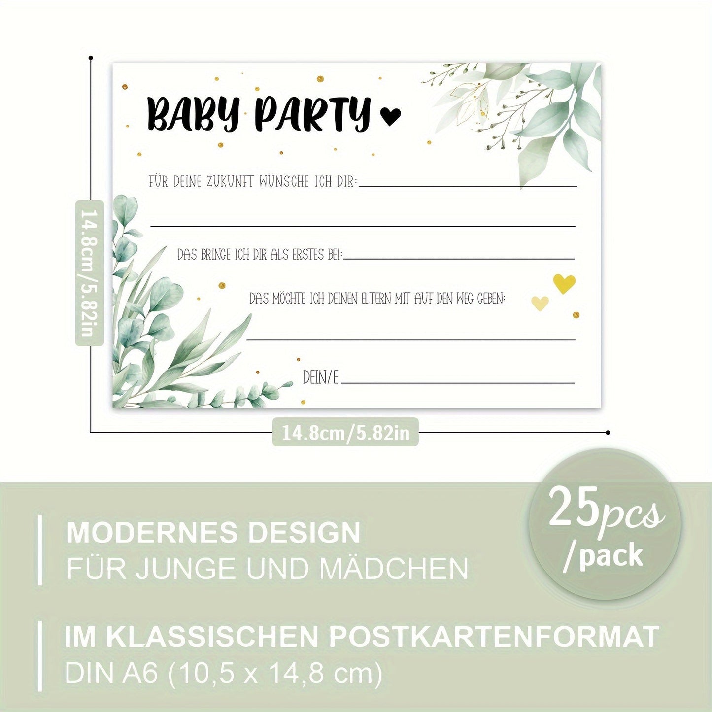 25 Double-sided Cards for Kids' Party Games - Featuring Eucalyptus Golden Decoration Design in German - Enhance Your Youngsters' Party with Fun and Creativity