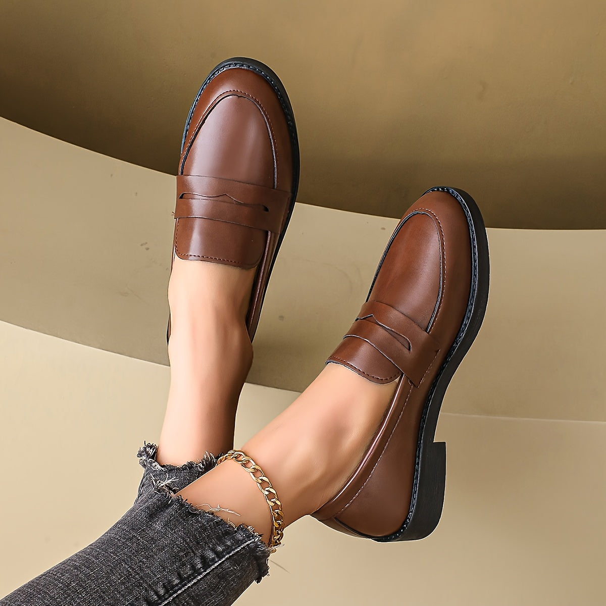 Stylish Women's Brown Faux Leather Loafers - Casual Slip-On with Non-Slip Rubber Sole, Durable for All Seasons