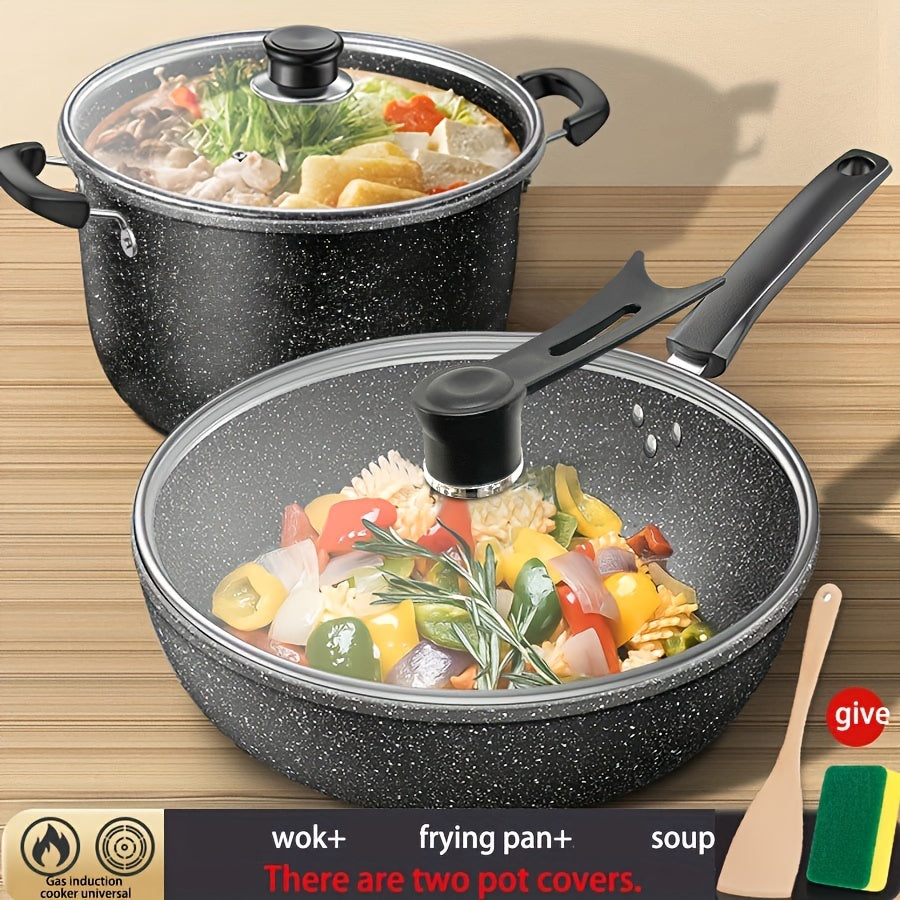 Set of 3 Non-Stick Cast Iron Cookware Pieces with Lids - Includes Soup, Frying, and Wok Pans for Multi-Purpose Kitchen Cooking