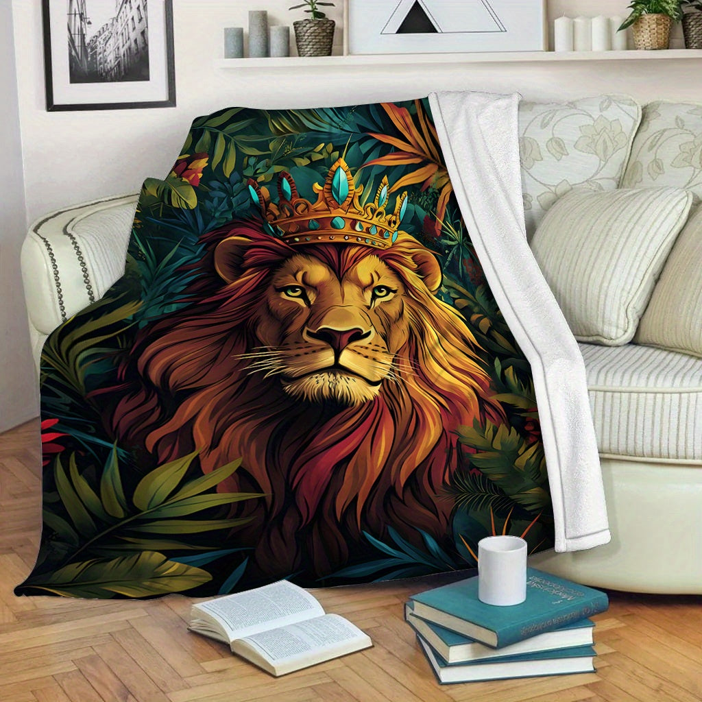 Get cozy with this contemporary style Jungle Lion Print Flannel Blanket! Perfect for all seasons, this soft throw is great for bed, sofa, or car. Made of digital print polyester, it is machine washable and weighs 200-250gsm. Makes an ideal gift for