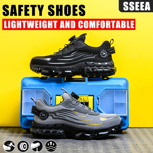 Rotating button safety work shoes for men: impact & puncture resistant, anti-slip, wear-resistant, fabric upper, round toe, comfortable lace-up closure.