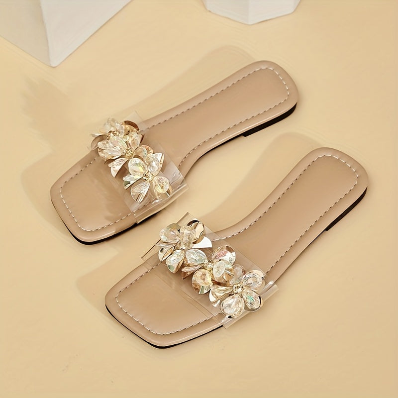 Women's Rhinestone Floral Sandals with Slip-On Transparent Band and Square Toe Flat Soft-Sole.