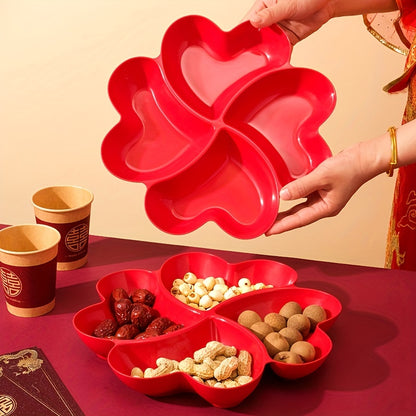 Heart-shaped 4-section plastic snack serving tray, perfect for parties and events, suitable for all seasons, can hold nuts, candy, dried fruits, and salads. Ideal for weddings, engagements, and Diwali celebrations.