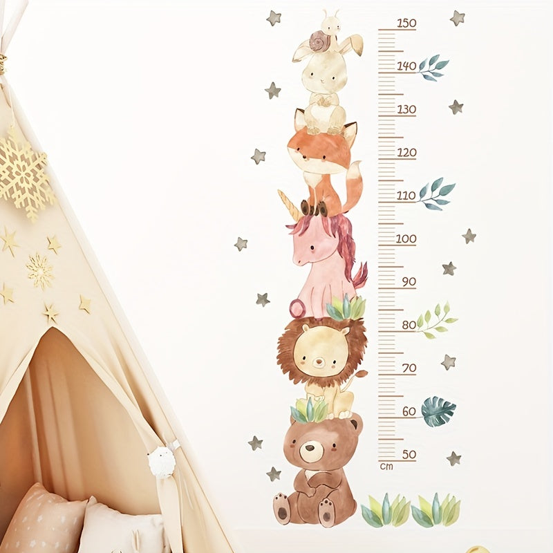 Cartoon animal height measurement wall stickers for room decor.