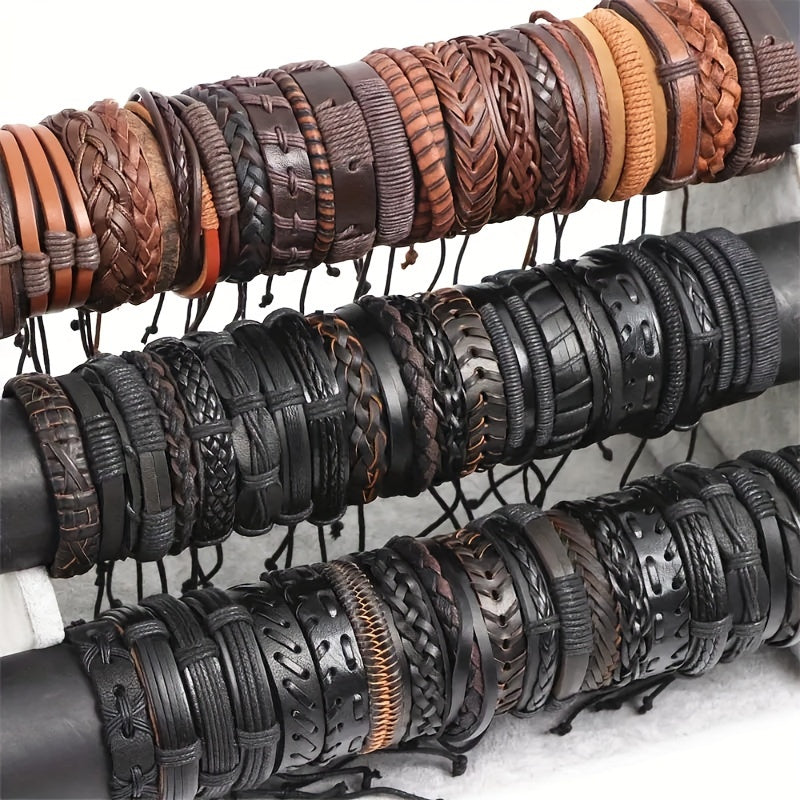 Set of 10, 20, or 30 Faux Leather Bracelets for Men and Women, Perfect for Christmas, Thanksgiving, and New Year Gifts. These Fashionable Retro Black and Brown Alloy Faux Cowhide Woven Bracelets are Adjustable and Stylish.