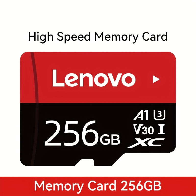 Lenovo High-Speed SD Card, sizes ranging from 32GB to 256GB, with UHS Class 10, V30, and A1 compatibility. Includes Micro SD adapter for multiple devices.