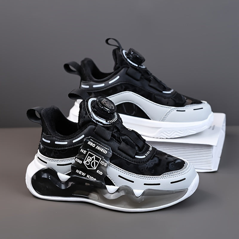 Mid-top youngsters athletic sneakers with breathable and non-slip design. Features hook-and-loop fastener strap, colorful cloud pattern, and letter design. Durable EVA sole suitable for all