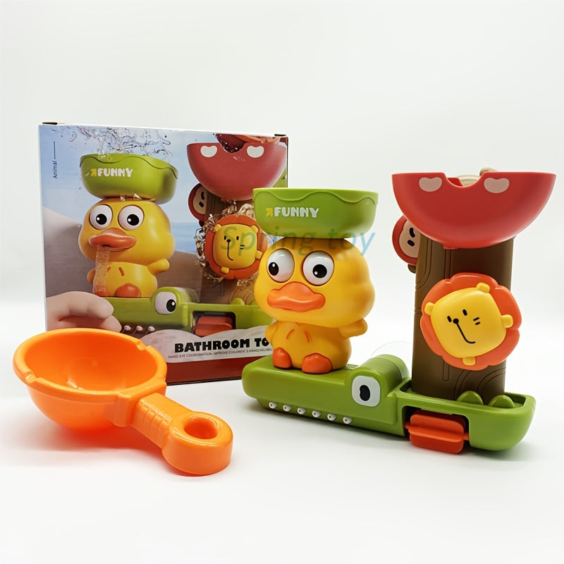 Colorful Cartoon Duck & Friends Water Play Set - Interactive Bath Toy with Suction Cup, Spraying & Rotating Feature in Orange/Green/Yellow - Durable ABS Resin for Bathtub Fun