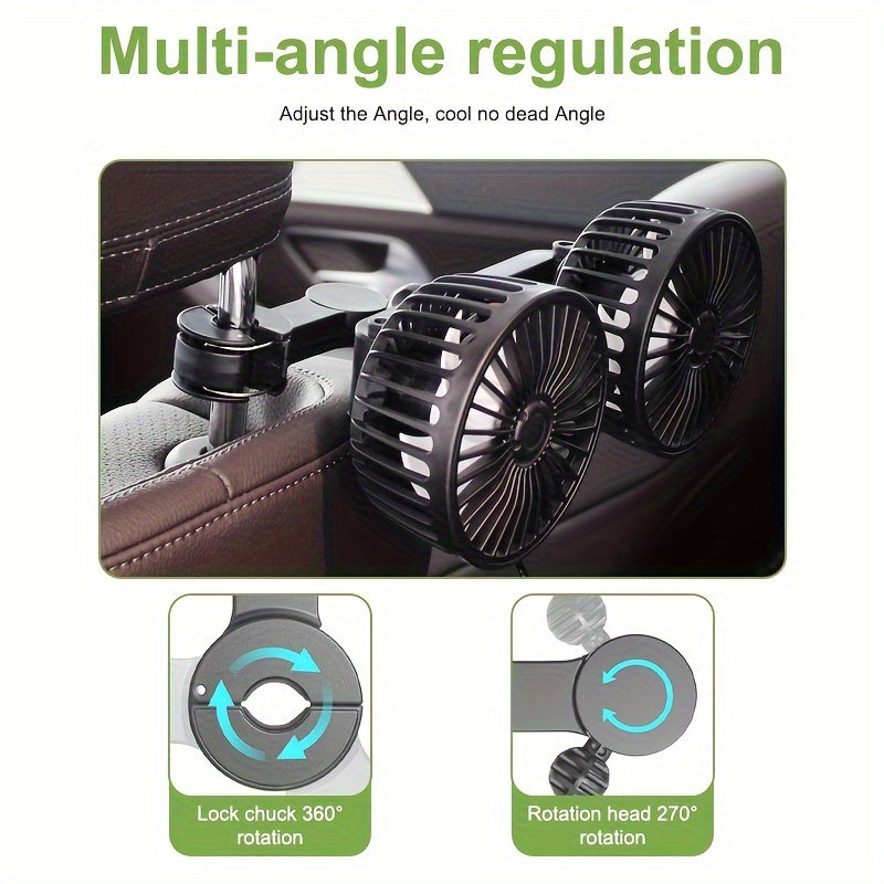 This car fan features dual-head rear fans that provide powerful airflow with 3-speed settings and 5 blades. It has an adjustable angle with 360-degree rotation for high air volume and low noise operation. The fan effectively promotes air circulation