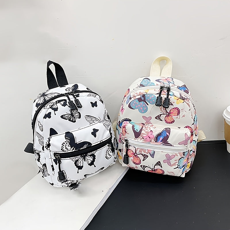 Playful butterfly-printed backpack for girls in preppy style with adjustable strap, white polyester lining. Hand wash or dry clean.