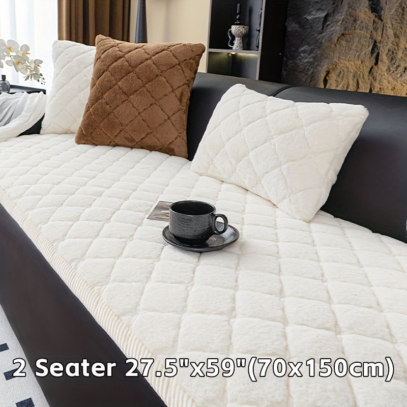 Modern quilted sofa cover, pet-friendly, machine washable, non-slip, thick polyester protector for various furniture sizes and styles in home or office décor.