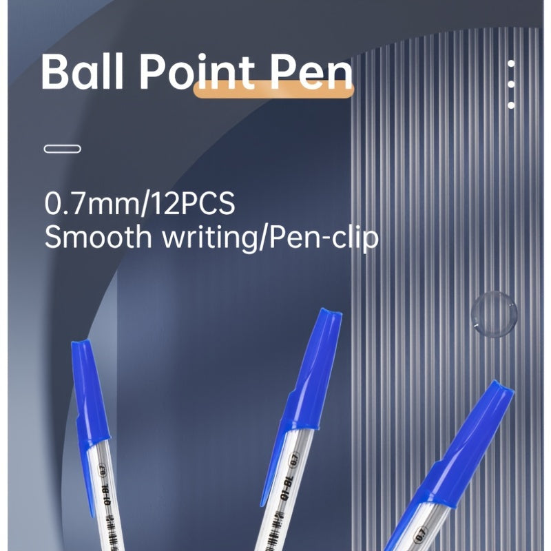 12pcs of blue ball point pens with bullet tip, low viscosity ink, pen-clip design. Suitable for classrooms, offices, libraries.