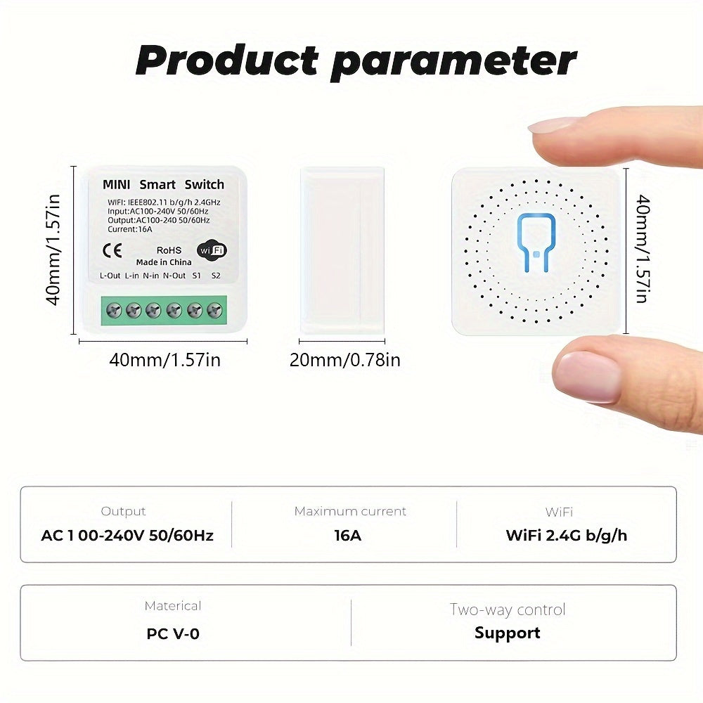 DIY 16A Power Switch Module with WiFi, ZigBee, Tuya app, voice control, 2-way power control, 110V/220V, app controlled, flush mount, for electronics - no battery needed.