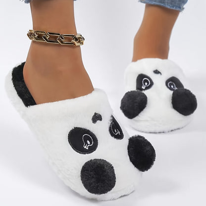 Cozy Panda Cartoon Plush Slippers for Men and Women - Black & White Design with Fluffy Ball Detail, TPR Sole, Hand Washable - Perfect Winter Comfort, Cute Style.