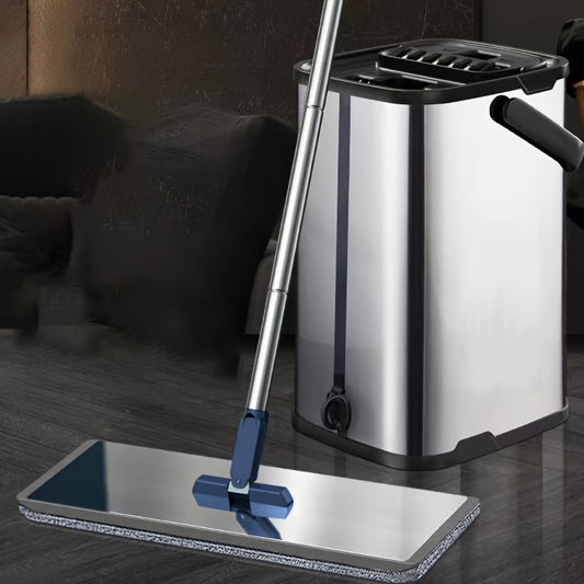 Stainless Steel Scratch Mop and Bucket Set with 3 Mop Pads, Hands-Free Plate Mop, Dusting Mop with Bucket, Wet and Dry Cleaning, Tile Marble Wood Floor Cleaning Mop, Complete Cleaning Supplies and Tools