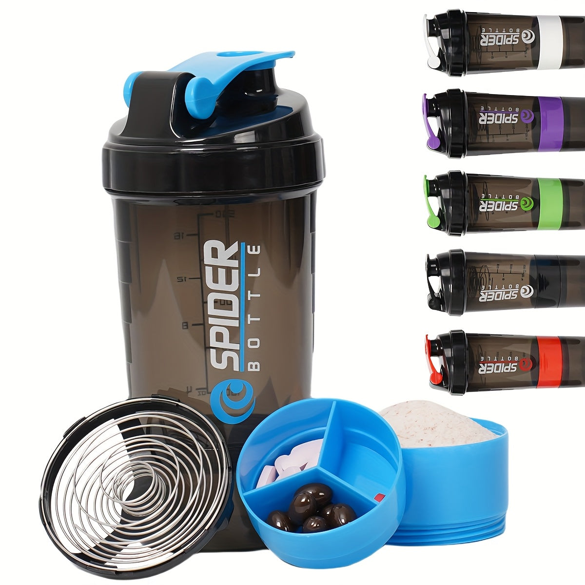 A 500ml protein shaker bottle with layered storage, portable, leak-proof design, and mixing ball. Perfect for gym workouts, weightlifting, and outdoor activities. Ideal for giving as holiday gifts to friends.