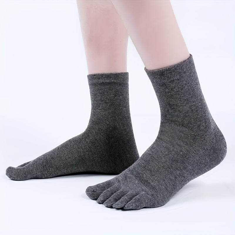 5 or 10 pairs of men's solid color mid-tube five-finger socks, breathable split toe socks.