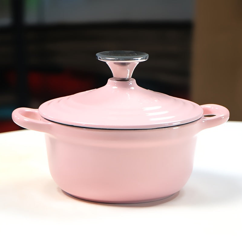 Enameled cast iron health pot, versatile for cooking rice and other dishes on induction, ceramic, electric, halogen, and gas cooktops. Comes in two sizes: 30.4oz and 60.8oz. Boasts enamel non-stick coating for easy cleaning.