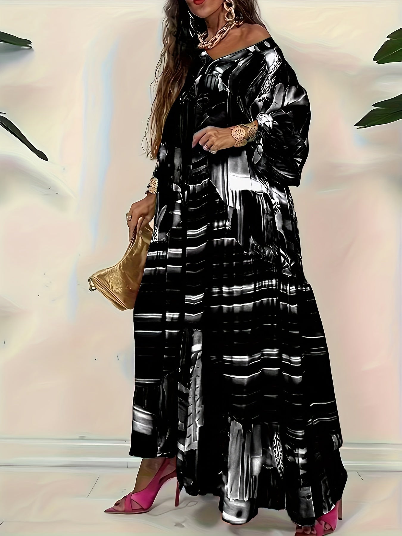 Maxi dress for women with V-neck, striped print in black and white, non-stretch glossy fabric, all-season party wear, loose fit, no lining.