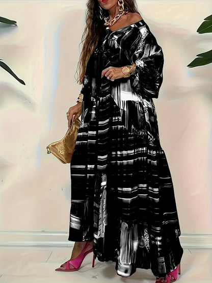 Maxi dress for women with V-neck, striped print in black and white, non-stretch glossy fabric, all-season party wear, loose fit, no lining.