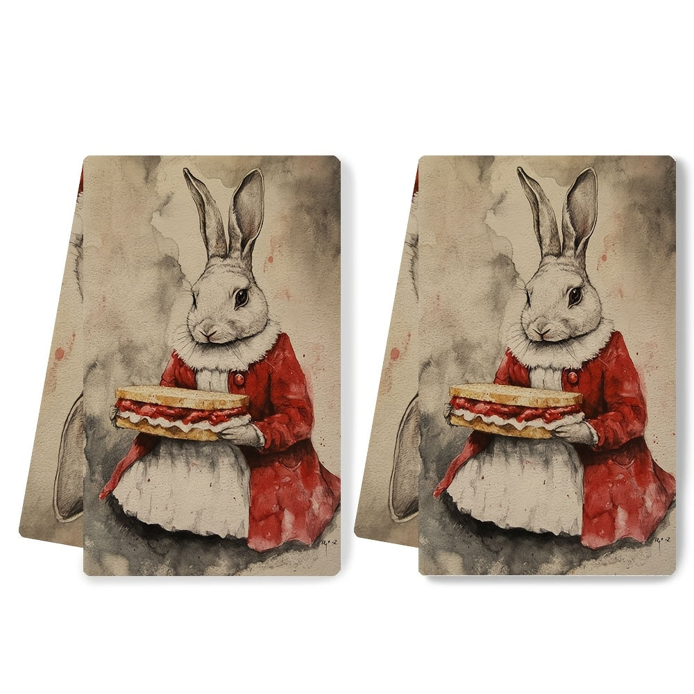 Set of 2 Adorable Rabbit Sandwich Illustration Kitchen Towels - Made of Ultra Soft and Highly Absorbent Polyester Material, Easy to Clean in Washing Machine, Size: 40.64x60.96 cm - Ideal for Decorating during the Holidays, Cute and Funny Addition to your