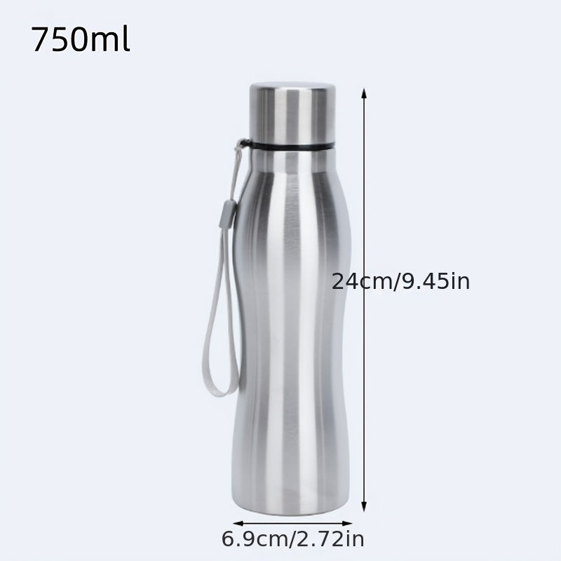 Large stainless steel water bottle with leakproof lid, wrist strap, and durable design for outdoor sports.