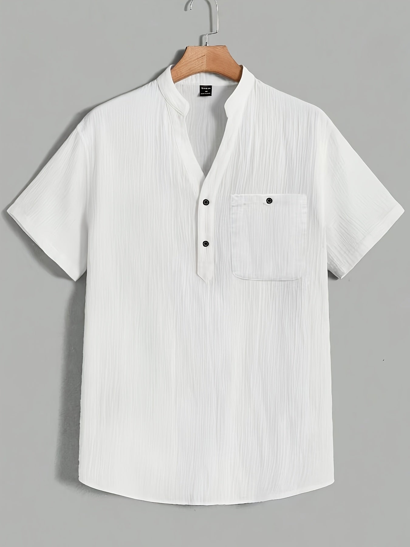 Men's lightweight rayon shirt, breathable and fade-resistant with a flexible woven fabric. Features a V-neck with button detail, short sleeves, and a regular fit. Ideal for casual beachwear