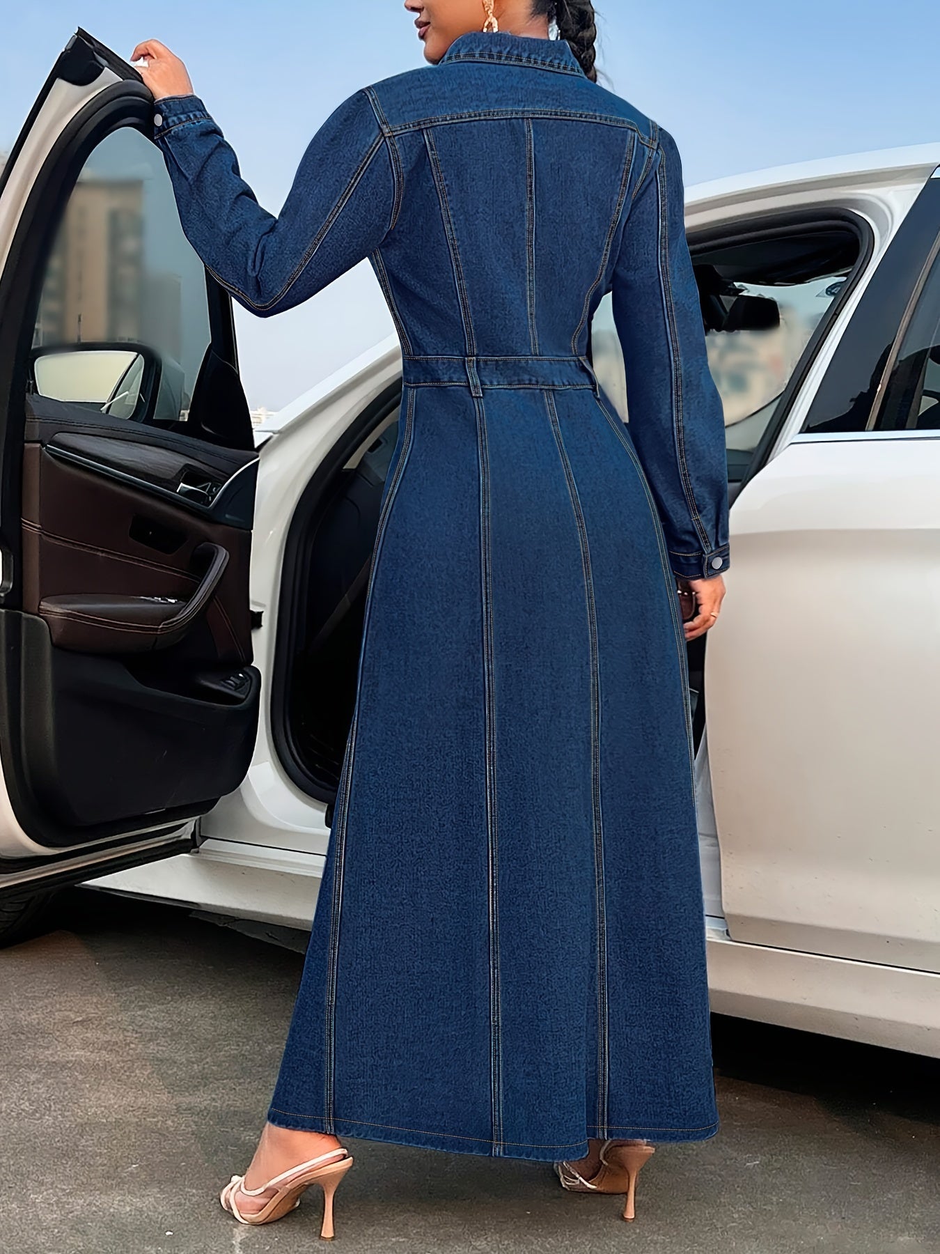 Elegant long sleeve bodycon dress in a polyester blend with button detail.