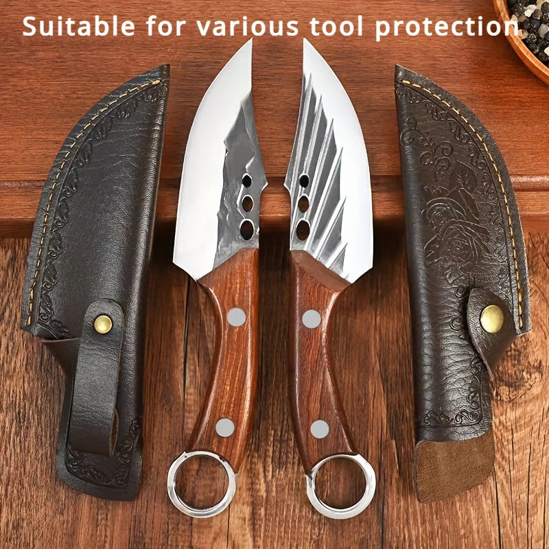 Durable PU sheath for kitchen knives and tools, gentle on blades, suitable for outdoor cooking and camping.