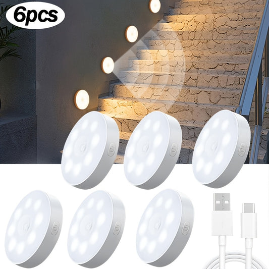 6pcs AMILL Magnetic LED Motion Sensor Lights with USB rechargeable, dimmable, portable lighting suitable for various spaces. PVC lampshade, white/yellow light.