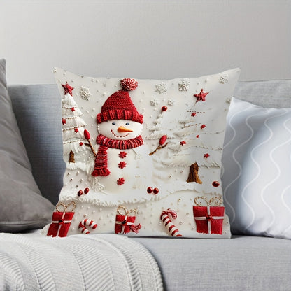 Double-sided Christmas snowman and tree design throw pillow cover made from modern polyester. Features zipper closure, machine washable fabric, and number print. Perfect for adding holiday charm to any room.