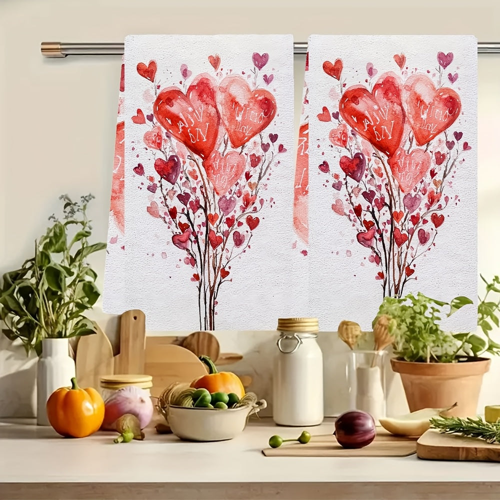 Set of 2 Ultra Plush Valentine's Day Kitchen Towels - Featuring Heart & Tulip Designs, Super Absorbent Polyester Dish Hand Towels, Easily Washable, 40.64x60.96 cm - Perfect for Holiday Kitchen Decor, Dish Towels