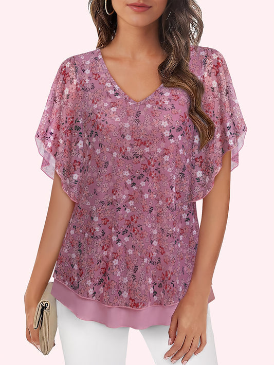 Women's Double Layer Mesh Blouses - Short Sleeve V Neck Tunic Tops