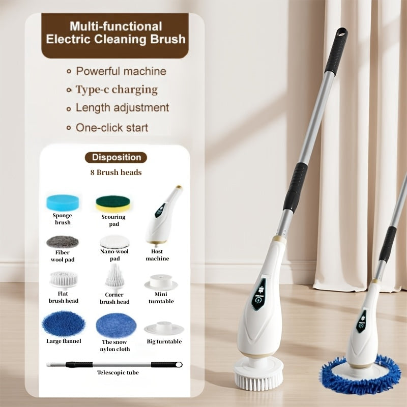 Set of 8 Multi-Functional Electric Cleaning Brushes, featuring Cordless 2-Speed Rotating Scrubber with Adjustable and Detachable Handle. Includes Replaceable Brush Heads and is designed for use in the Bathroom, Toilet, Tile, and Floor. Equipped with a