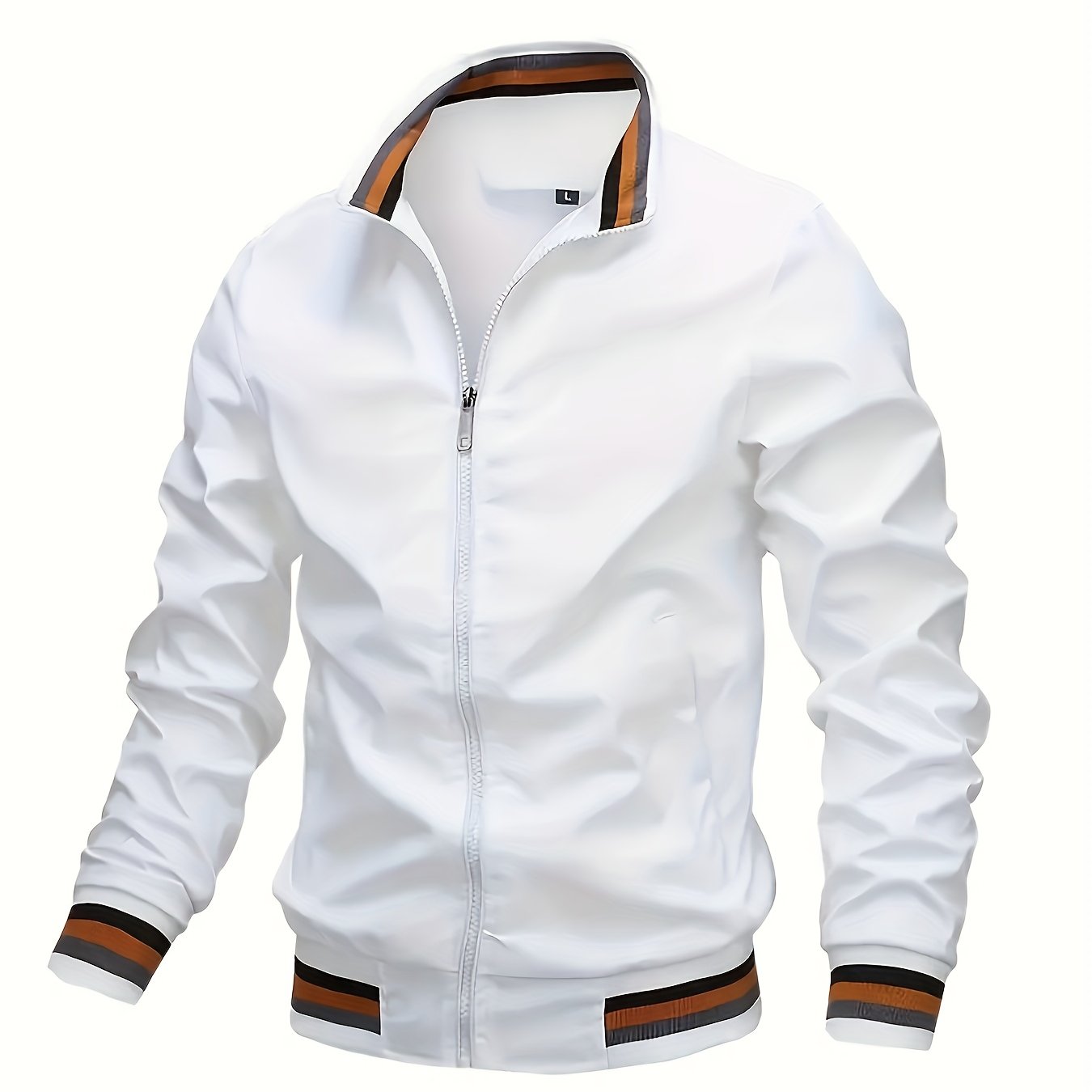 Men's trendy lightweight long sleeve jacket with zipper, stand collar, pockets, and stripe pattern. Ideal for outdoor activities in spring and autumn.