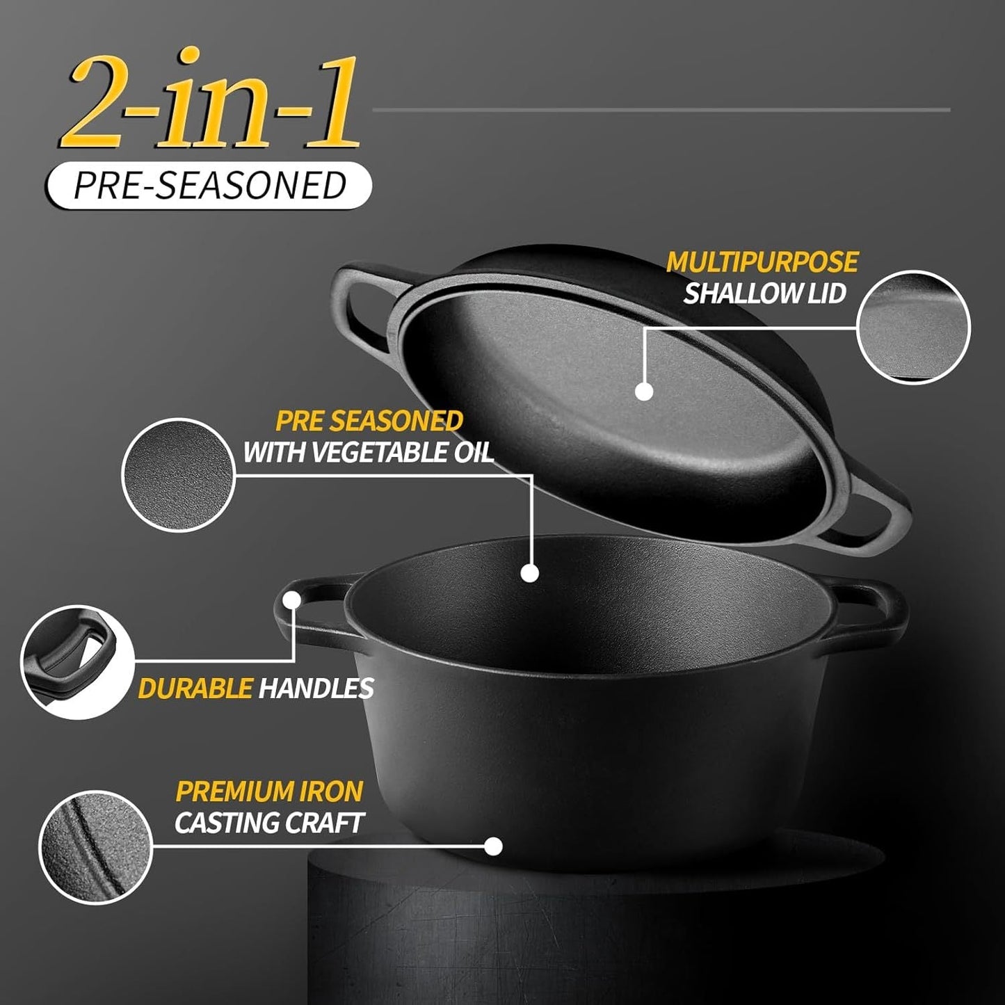 Pre-Seasoned Cast Iron Dutch Oven Set with Skillet Lid - Includes Dual Handles for Easy Handling - Perfect for Baking, Frying, Camping, and BBQ - 5 Quart Capacity - Versatile 2-in-1 Cookware Set