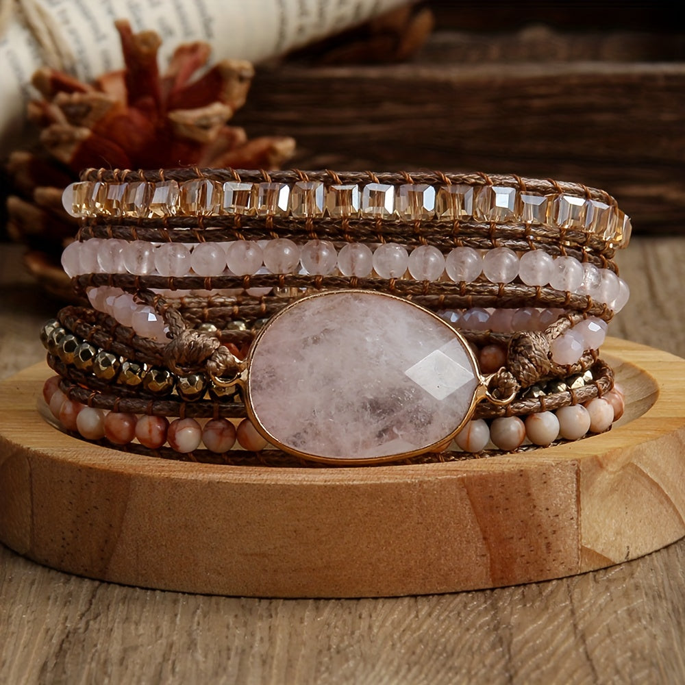 Multi-layered hand rope jewelry accessory made from colorful natural stones, designed as a wrap bracelet.