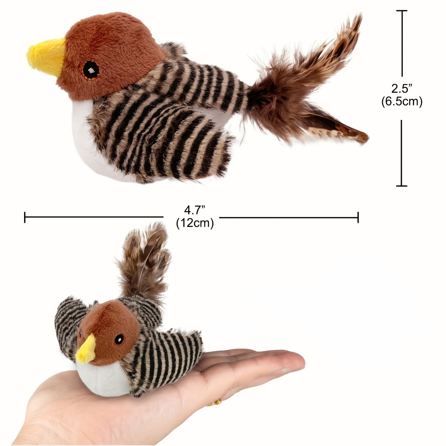 Sparrow-shaped fabric pet toy with animal print, battery-operated. Safe button battery for interactive play with cats of all sizes.