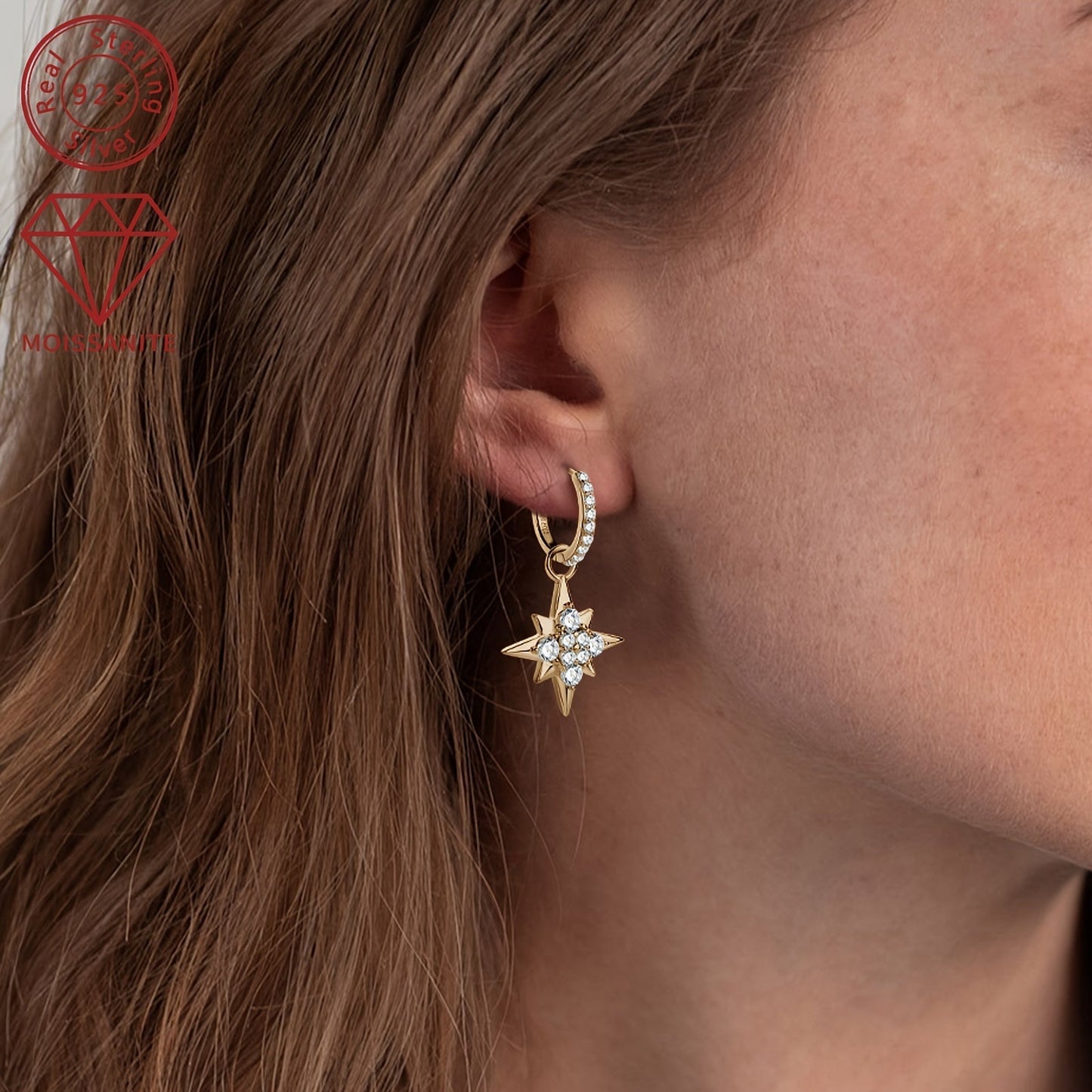 This pair of women's fashion dangling earrings features a total weight of 4.39g and is adorned with 8 pieces of 3mm moissanite stones, 8 pieces of 2mm moissanite stones, and 2 pieces of 0.52 carat moissanite stones. The earrings are crafted in 925