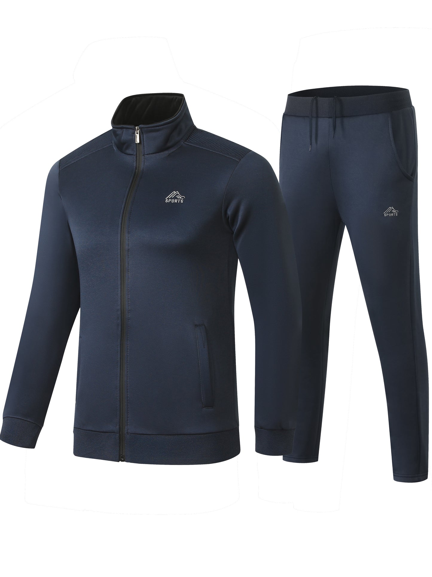 2-piece men's sports suit for outdoor activities, including a zip-up jacket and drawstring pants.